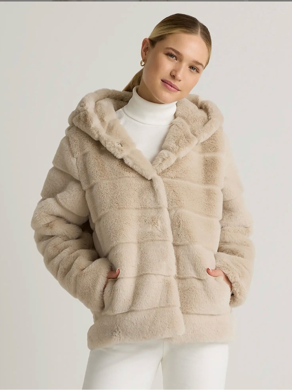 Quince Hooded Faux Fur Jacket Latte